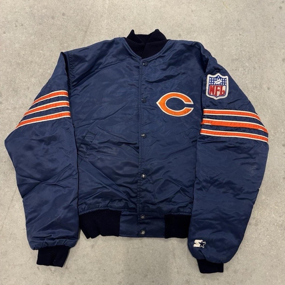 Vintage Starter Chicago Bears NFL Pro Line Bomber Jacket Navy Blue Mens Medium